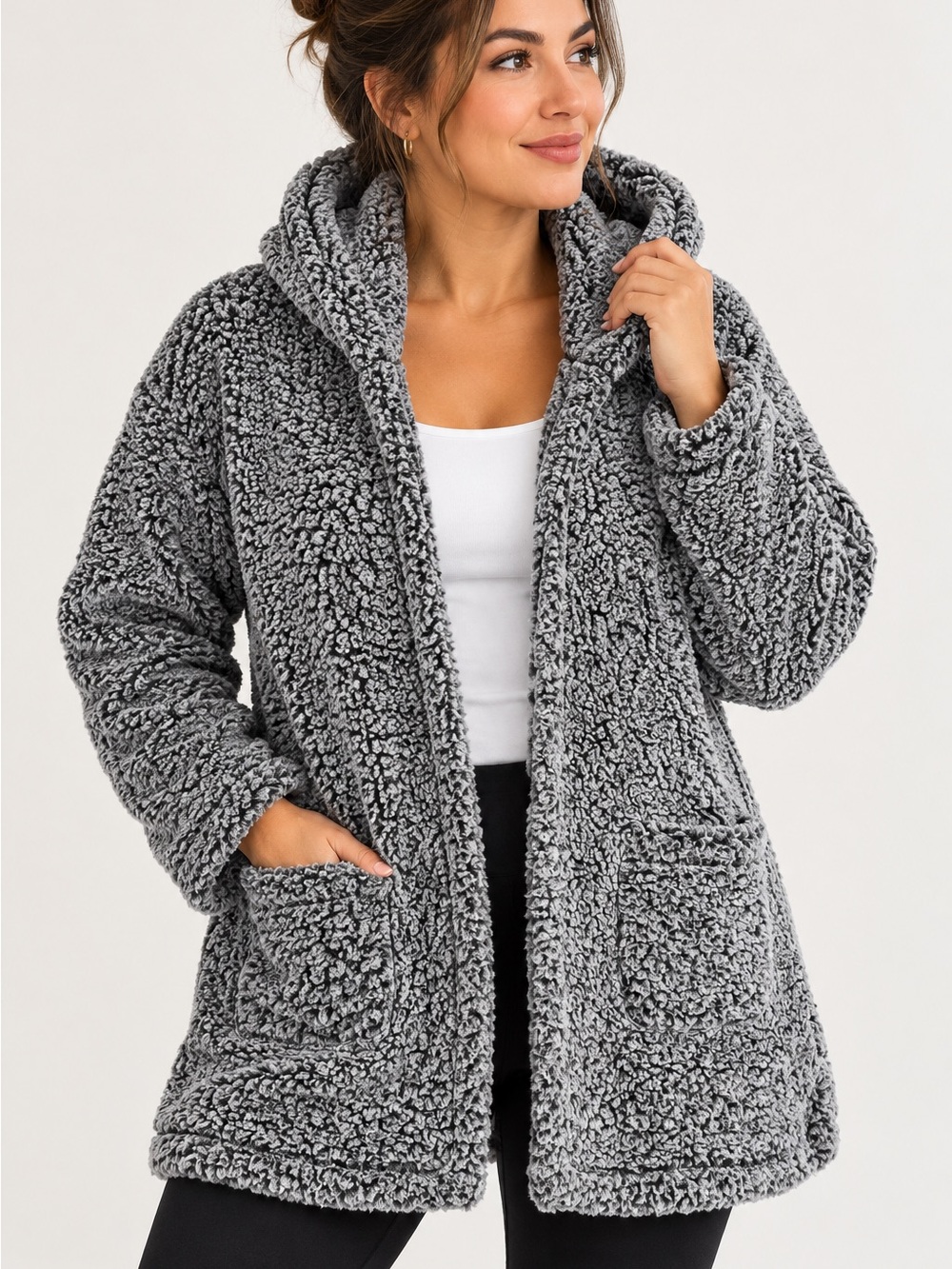 Women's Hooded Teddy Coat - Gray Plush Sherpa